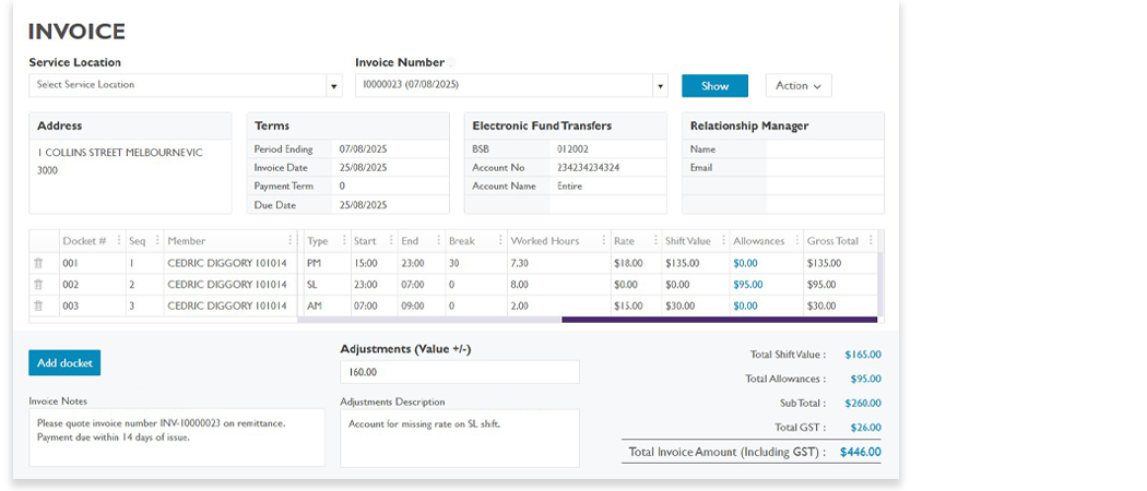 Client Invoice Reporting - Entire OnHire Preview of Entire OnHire's client invoicing reporting where Australian staffing agencies can track revenue, invoicing, claimable hours and sales by location.