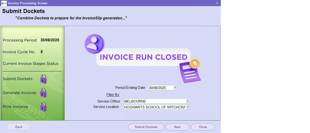 Preview of how Australian staffing agencies can process, generate, print, report and track client invoices in Entire OnHire's finance and payroll system.
