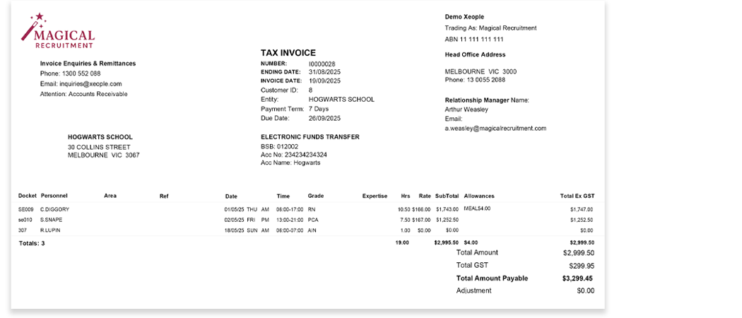 Example of a staffing agency's custom branded client invoice from Entire OnHire's finance and payroll system.