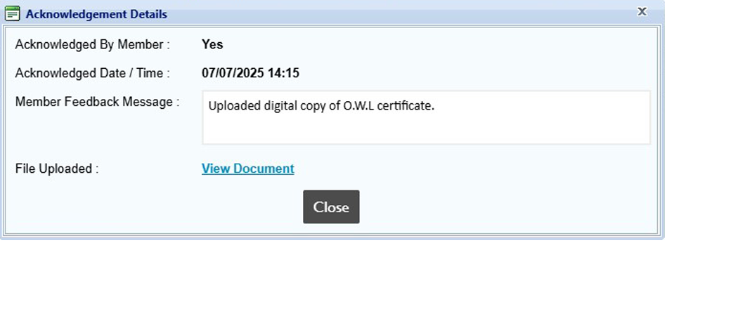 Preview of Entire OnHire's in-app documented worker compliance acknowledgement details stored separately against their profile for Australian staffing agencies.