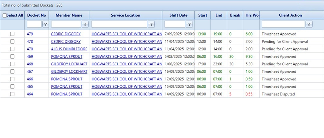 Preview of Entire OnHire's end-to-end timesheet approval tracking with filters by location, shift, client, or status.