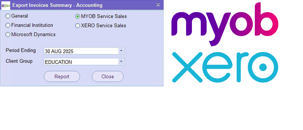 Preview of exporting financial data from Entire OnHire and importing it into Xero & MYOB for Australian staffing agencies.