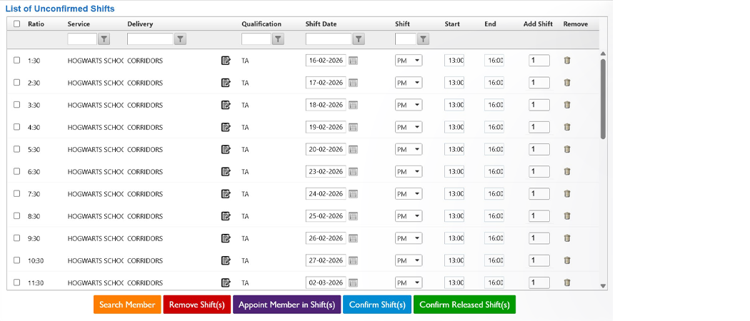 Preview of Entire OnHire's multi-shift rostering feature that allows Australian staffing agencies to book multiple shifts at once with different job roles, requirements, and statuses, all from a single screen.