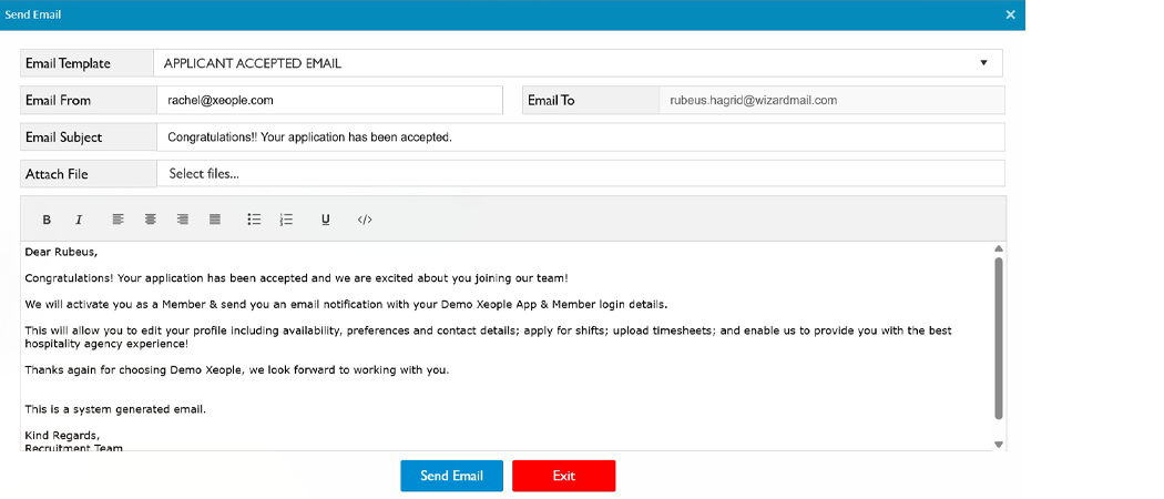 Recruitment Candidate Onboarding Communication - Entire OnHire Preview of the recruitment candidate SMS and email communication features in Entire OnHire's candidate onboarding module for easy follow ups to improve completion rates and candidate satisfaction for Australian staffing agencies.