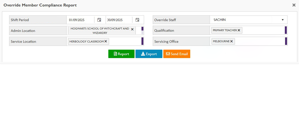 Preview of Entire OnHire's override member compliances report used by Australian staffing agencies that tracks exemptions and manually adjusts statuses.
